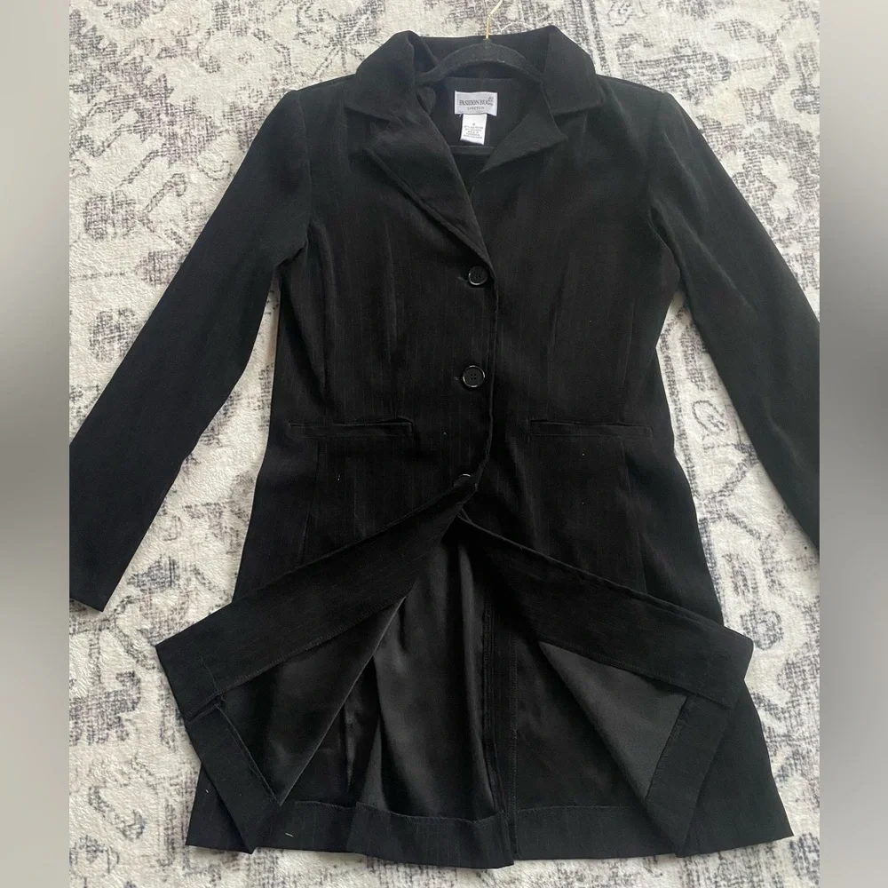 Vtg Y2K Fashion Bug Black White Pinstriped Fitted Long Suit Blazer Soft Jacket S